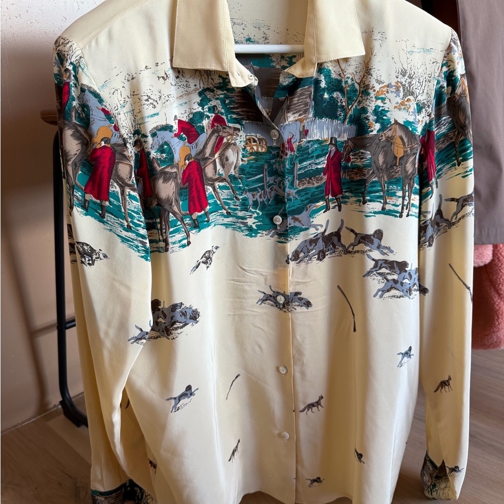Vintage Jerri Sherman 100% silk Equestrian Print Shirt